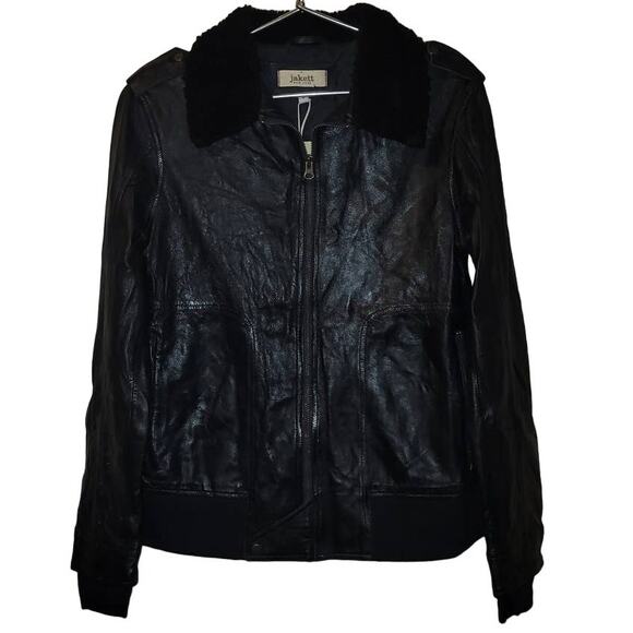 New JAKETT Bess Aviator Leather Jacket Fur Collar $640 SMALL Burnished Black - Picture 1 of 5